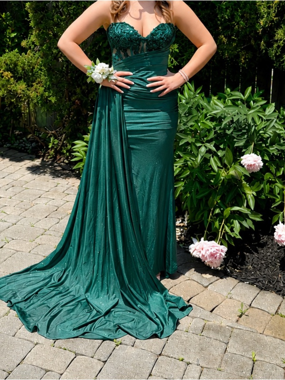 Emerald Green Lace Bodice Prom Dress